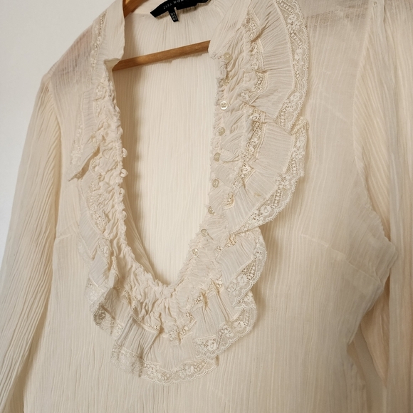 Zara creme ruffled vneck buttondown longsleeve top - Picture 7 of 10